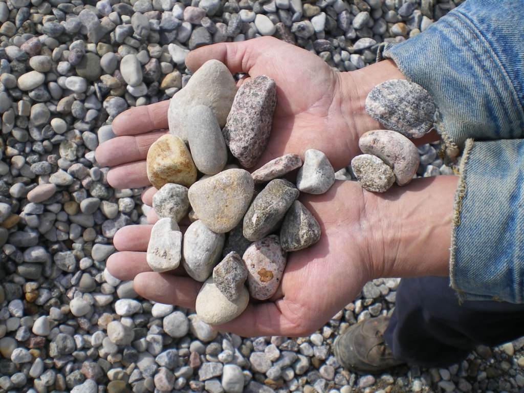 Larger washed riverstone in mixed sizes shown by the handful.